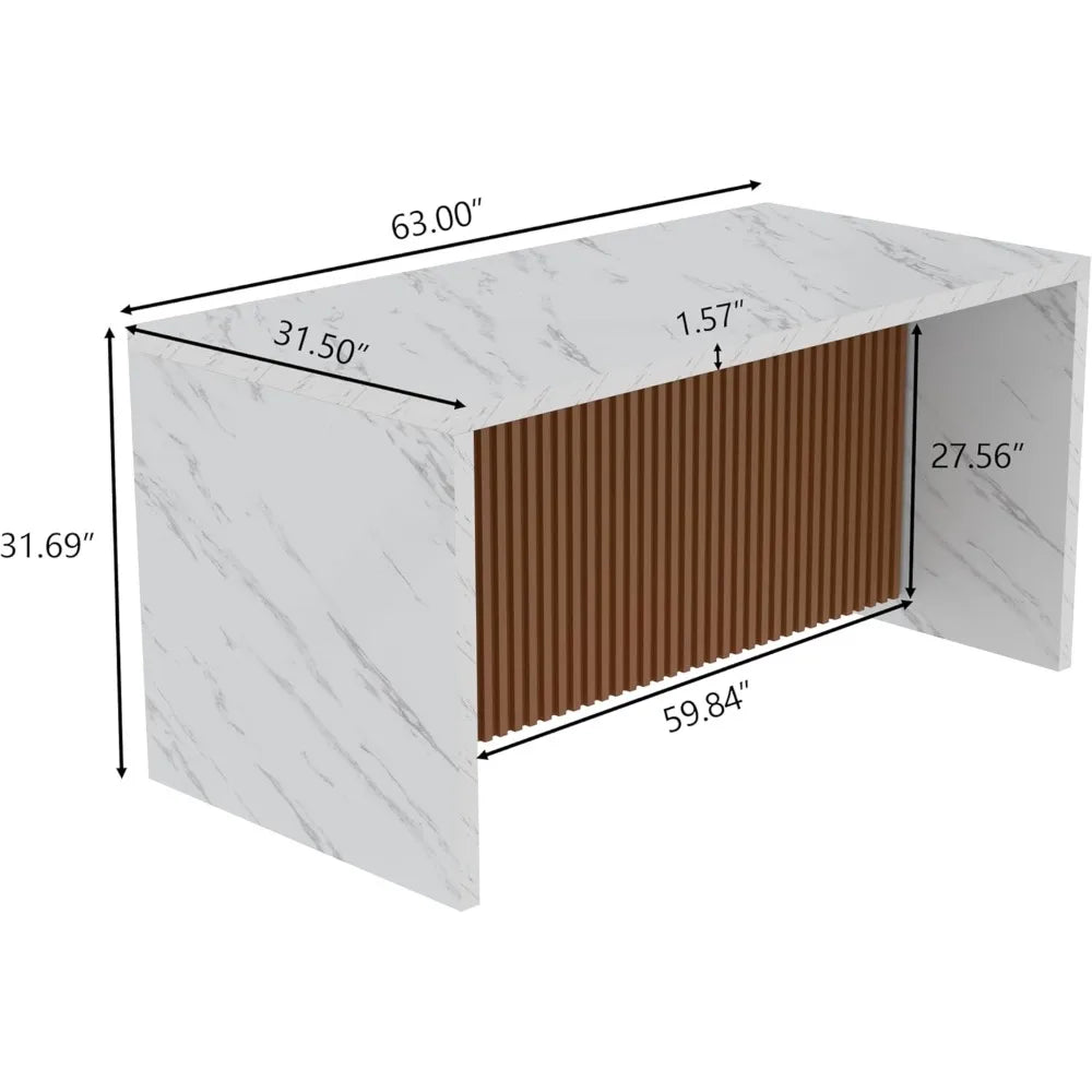 63 Inch Large Imitation Marble Dining Table with LED Lights for 4 to 6 People