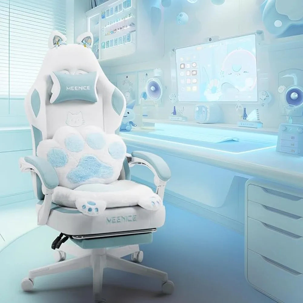 Cute Cat Ears Gaming Chair with Footrest Ergonomic Reclining Computer Chair