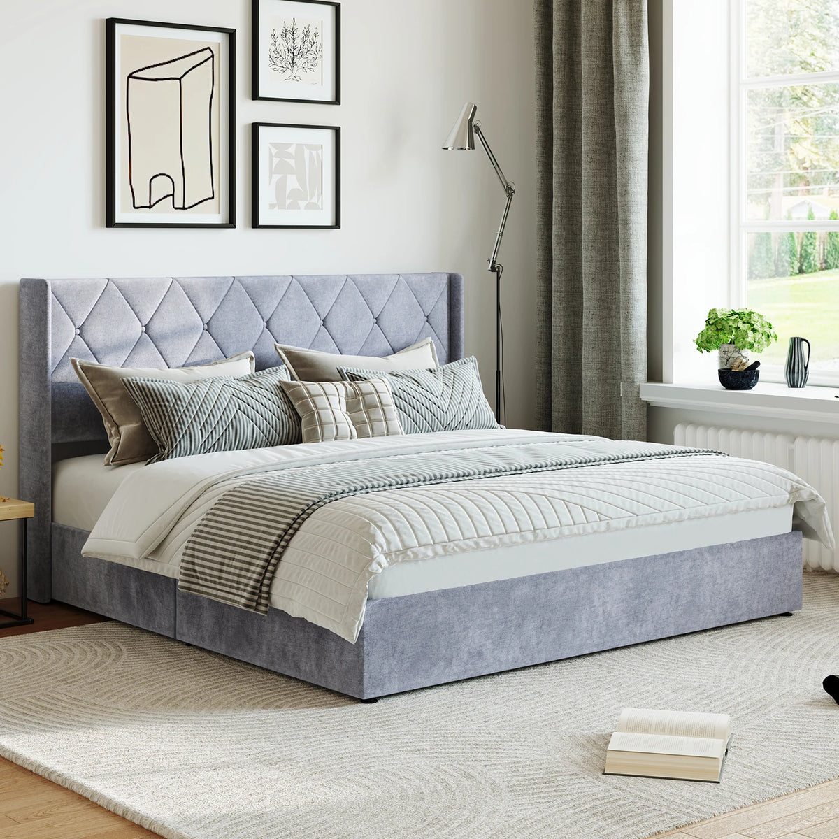 JHK Upholstered Lift Up Storage Bed Frame With Wingback Headboard