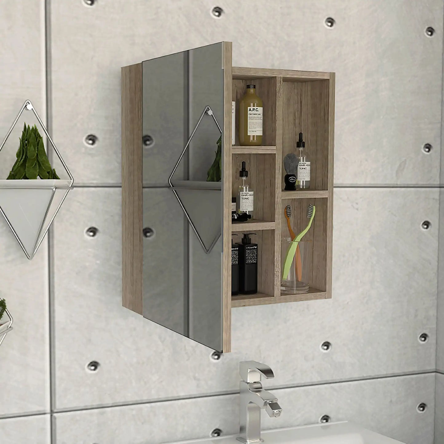 TUHOME Labelle Medicine Cabinet With Mirror Five Shelves Pine