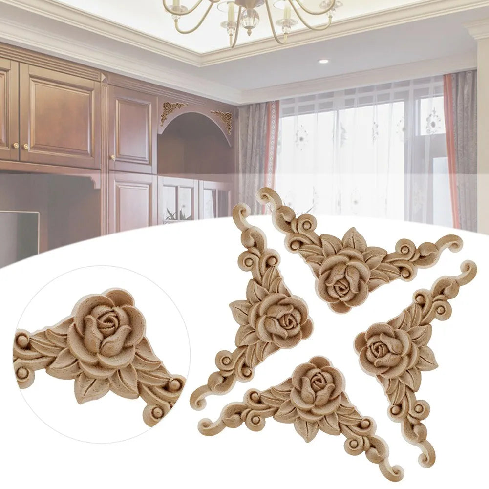 Natural Floral Wooden Figurines Decorative Carved Corner Appliques