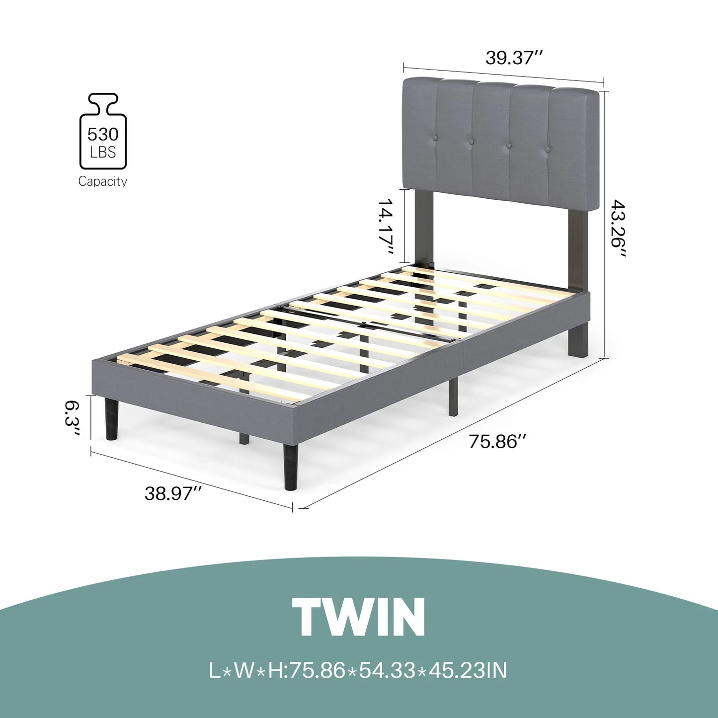JHK King Wooden Bed Frame With Fabric Upholstered Slats