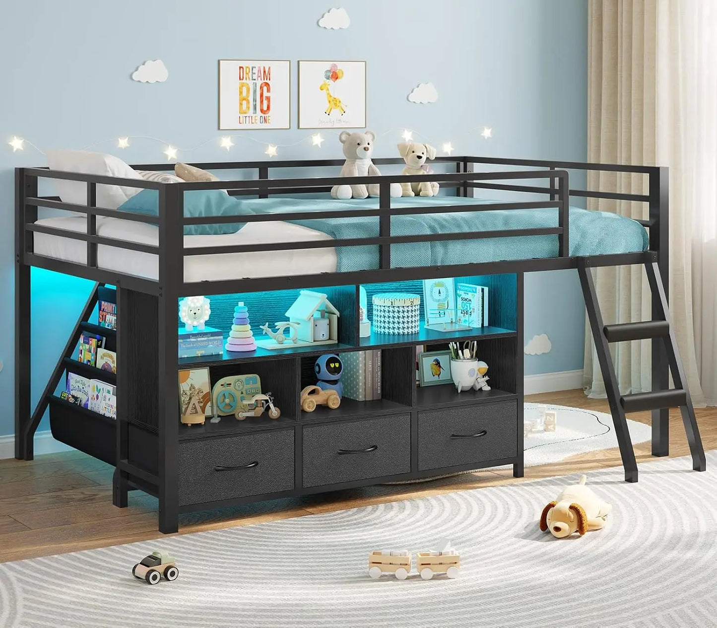 Low Loft Metal Bed 3 Drawers Bookshelf LED Guardrail