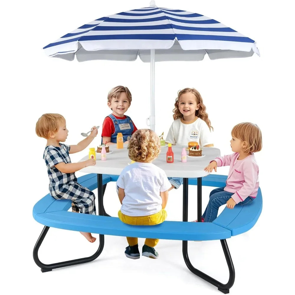 ANGDUO Kids Picnic Table Outdoor Table and Chair Set with Removable Umbrella and Metal Frame