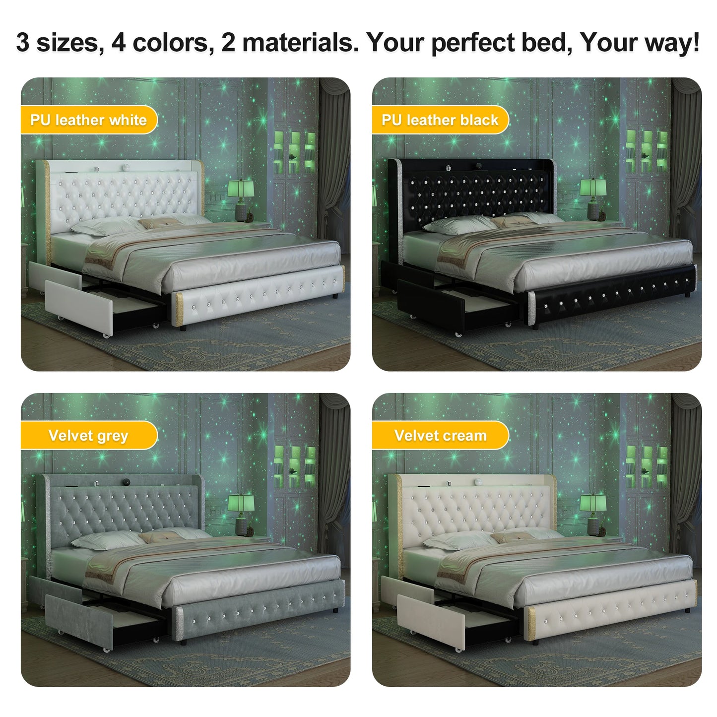 GEGOFORU Galaxy Projector LED Bed Frame With Bluetooth