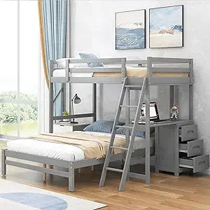 MKDK Solid Wood Bunk Bed With Desk And Storage System
