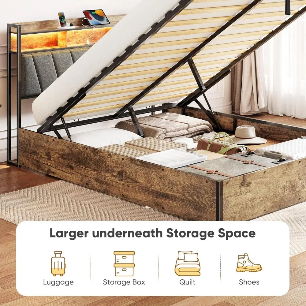 DAFIFY Upholstered Storage Bed With Lift Up Frame LED