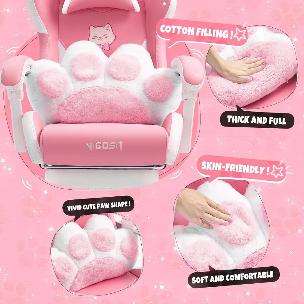 Pink Gaming Chair with Cat Ears and Lumbar Cushion Ergonomic Design and Footrest