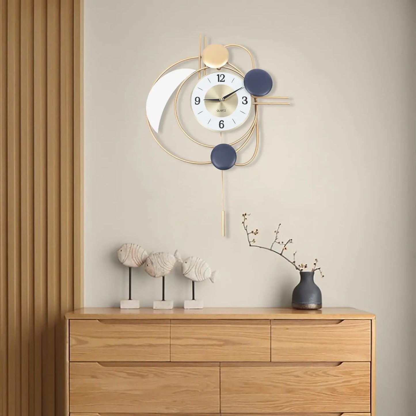 Large Modern Metal Wall Clock With Silent Swing Pendulum