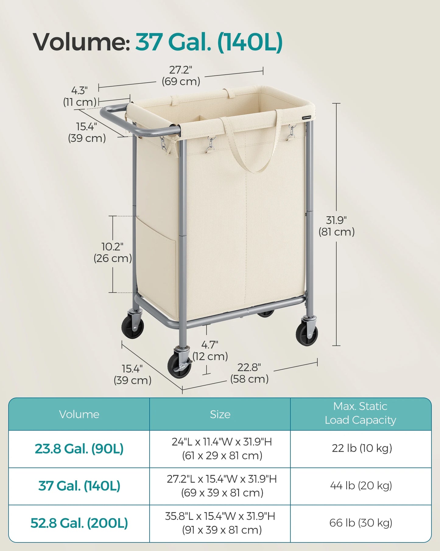 Songmics Rolling Laundry Basket 2-Section With Liner