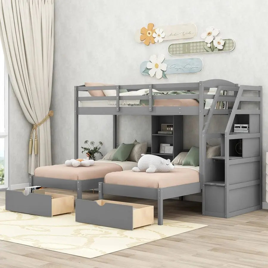 MBVM Triple Bunk Beds With Stairs And Storage Drawers For 3 Kids