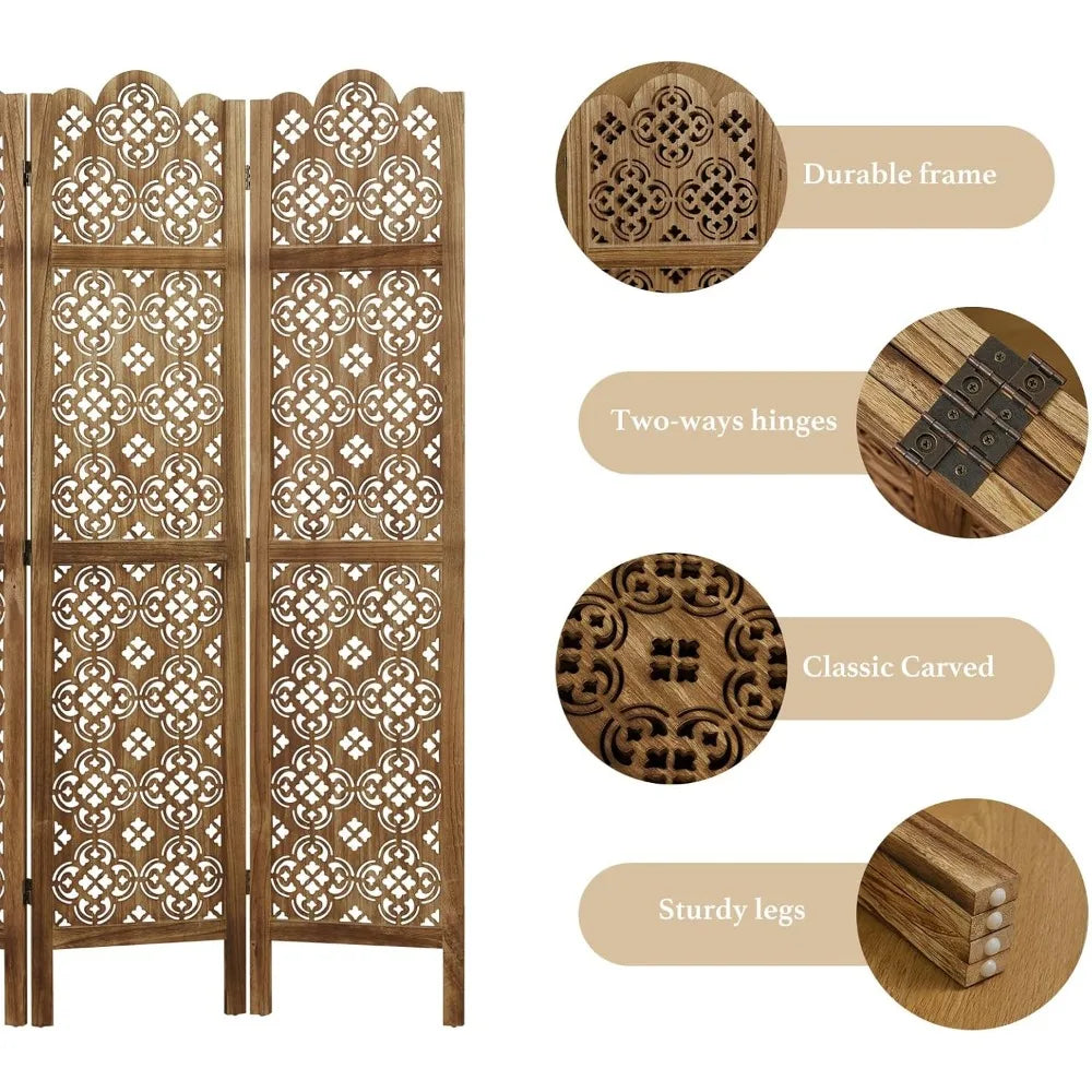 Folding Room Divider Four Panel Wood Carved Privacy Screen