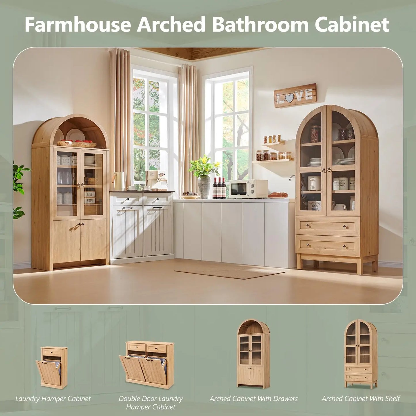 Arched Bathroom Storage Cabinet With 4-Tier Shelves And Drawers
