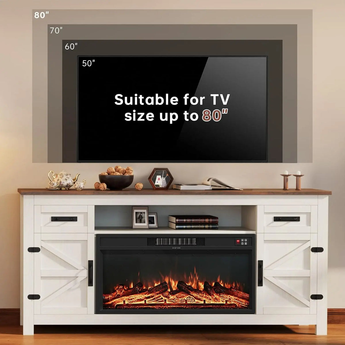 Farmhouse Fireplace TV Stand With Barn Doors And Storage