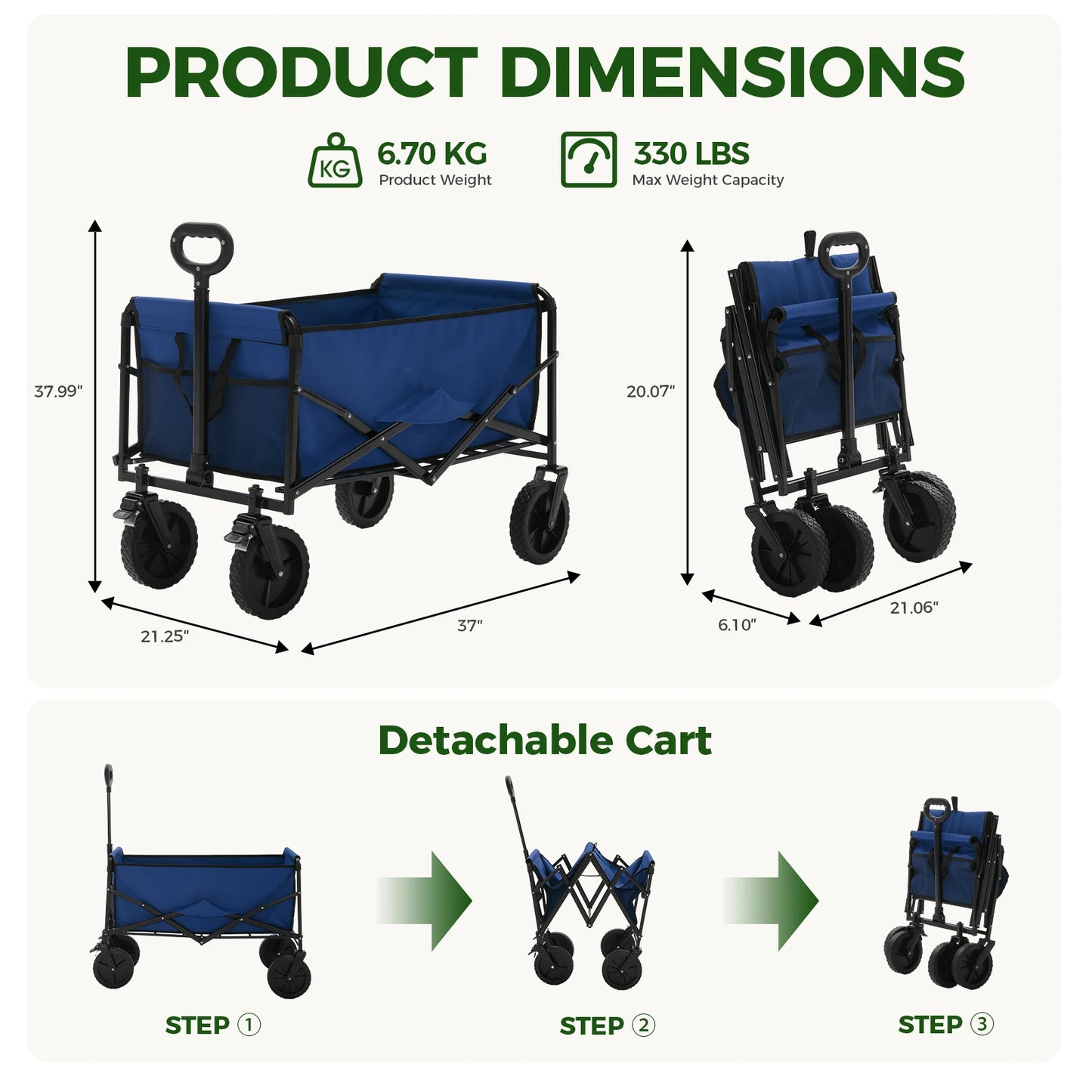 JHK Heavy Duty Collapsible Wagon Cart With Wheels 330 Lb Capacity