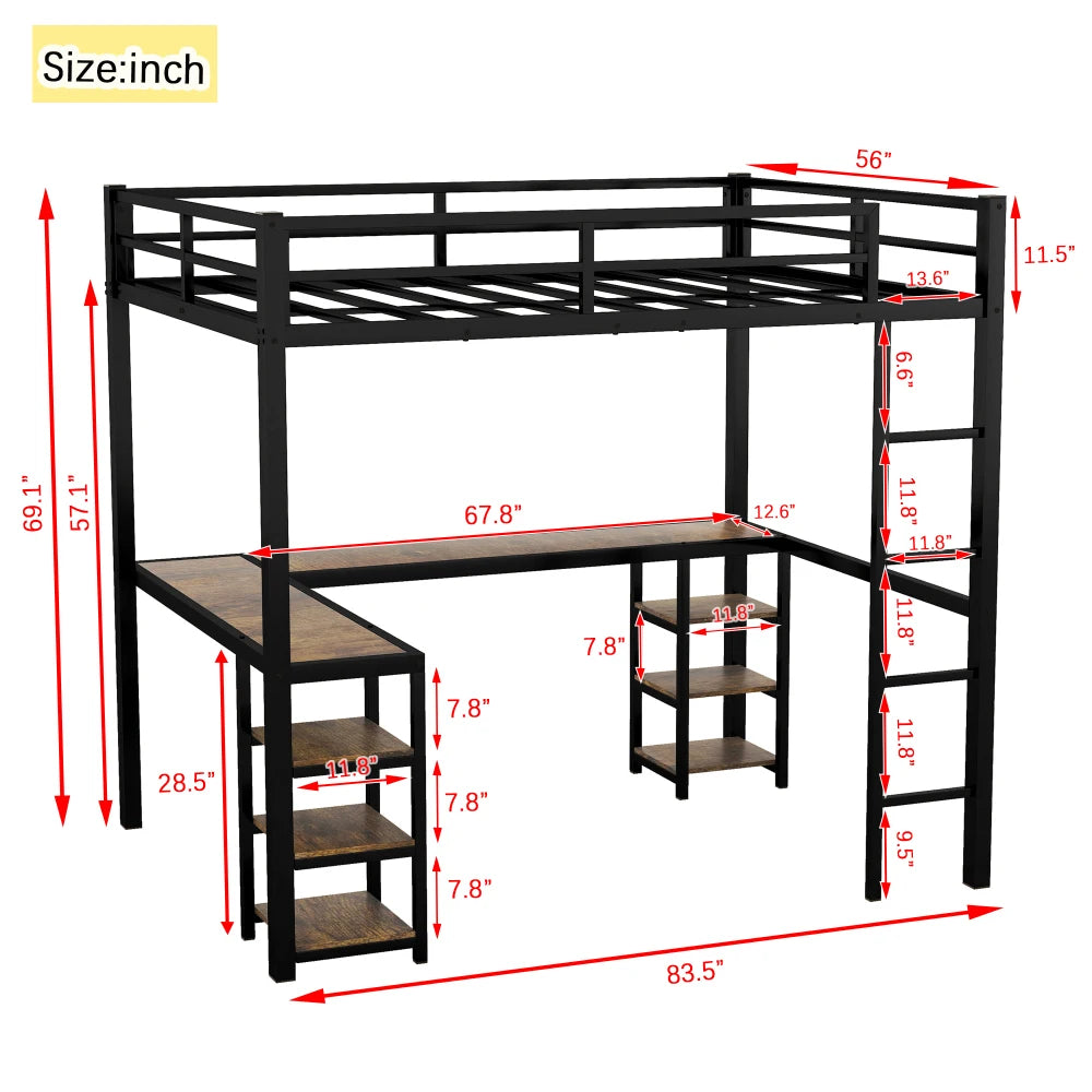 Hign Concerned Metal Loft Bed With Desk And Shelves