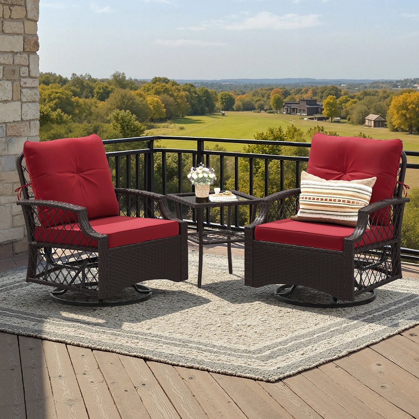 3 Piece Swivel Patio Bistro Set Outdoor Wicker Chairs