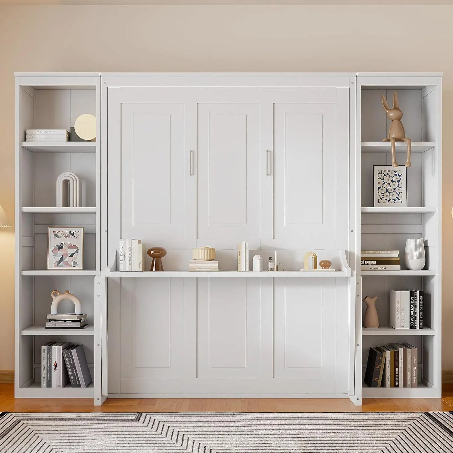 Wood Wall Murphy Bed With Two Closets And Shelving