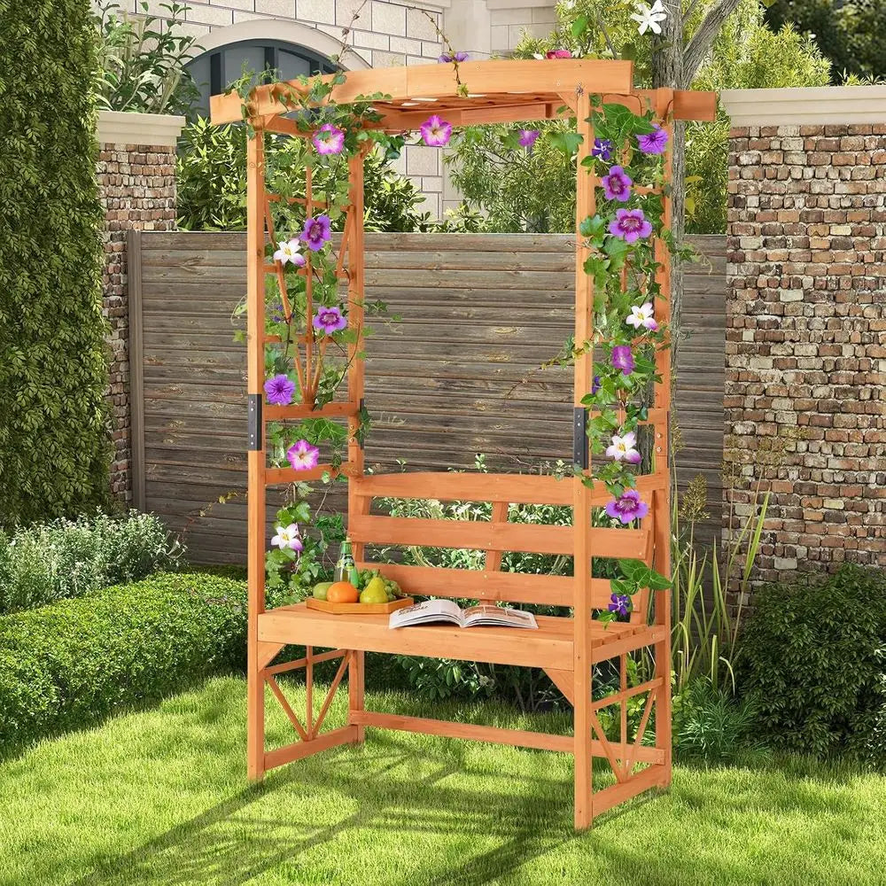 HAPPYGRILL Patio Garden Arbor With Bench Wooden Arch Pergola Trellises