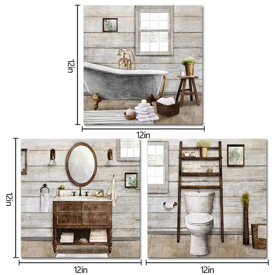Farmhouse Framed Canvas Wall Art Set For Bathroom Decor