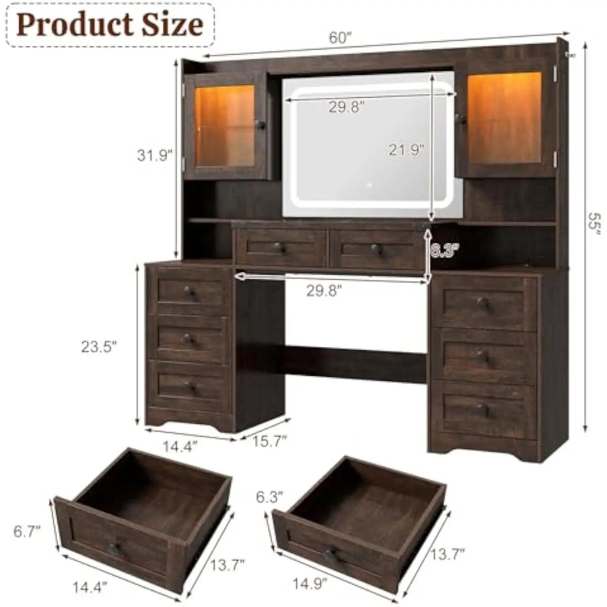 Rustic Farmhouse Vanity Desk With LED Mirror And Drawers