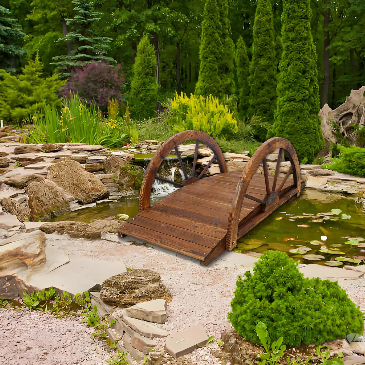 Wooden Garden Footbridge With Half Wheel Style Railings