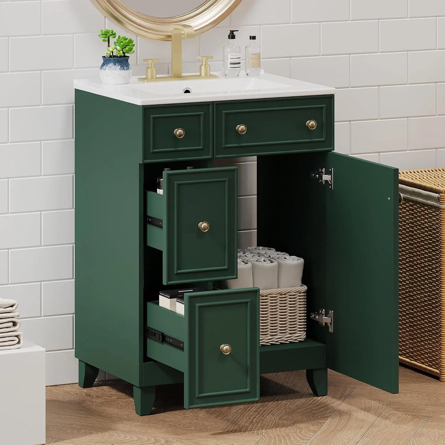 Modern Freestanding Bathroom Vanity With Sink And Gold Handles