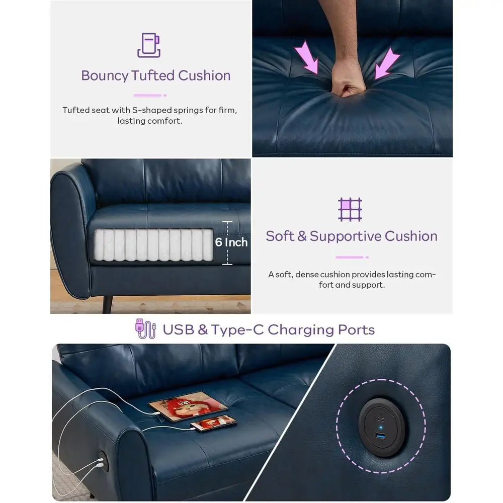 Faux Leather Manual Reclining Sofa With Cup Holders