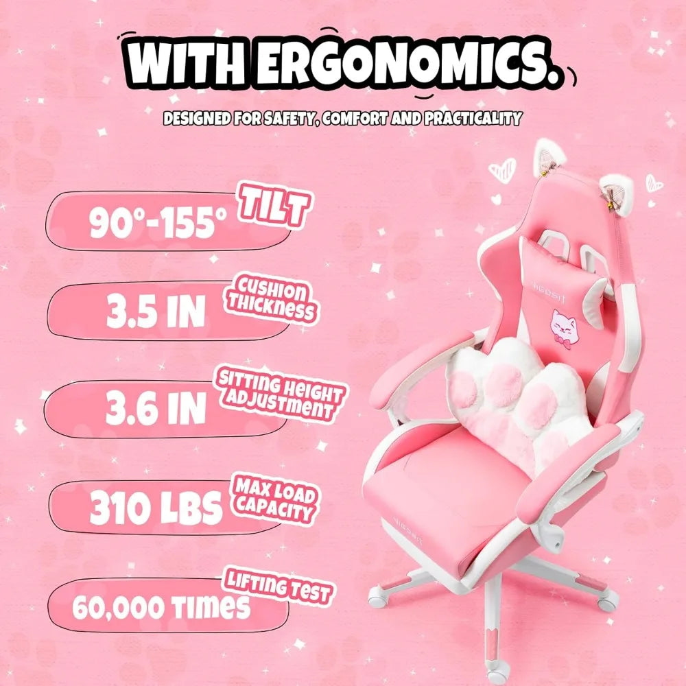 Pink Gaming Chair with Cat Ears and Lumbar Cushion Ergonomic Design and Footrest