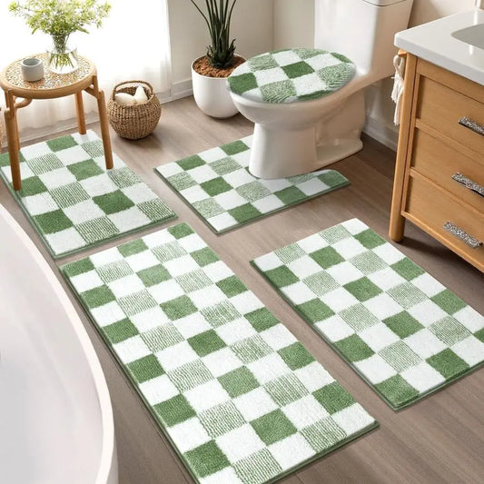 Checkered Bathroom Rug Five Piece Non Slip Microfiber Mats