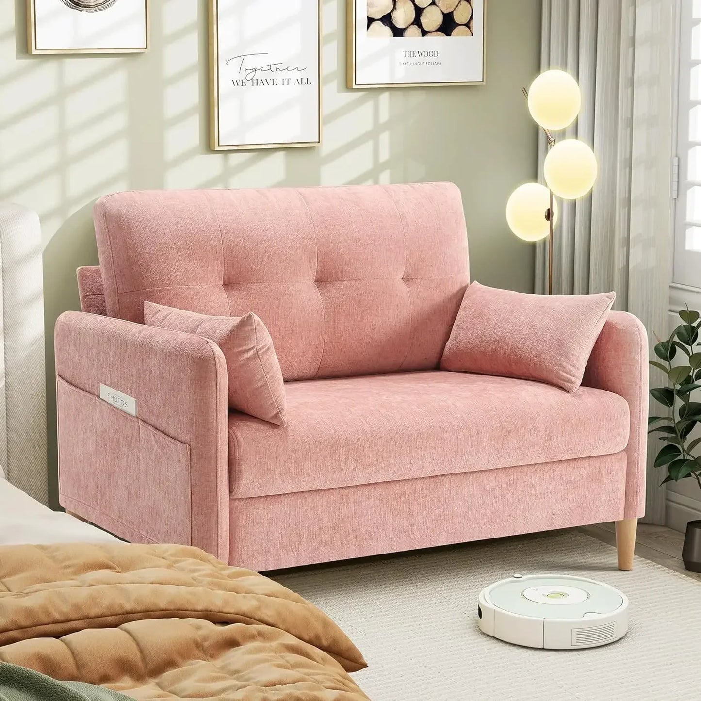 47 Inch Small Chenille Fabric Love Seat Sofa with Throw Pillow for Living Room