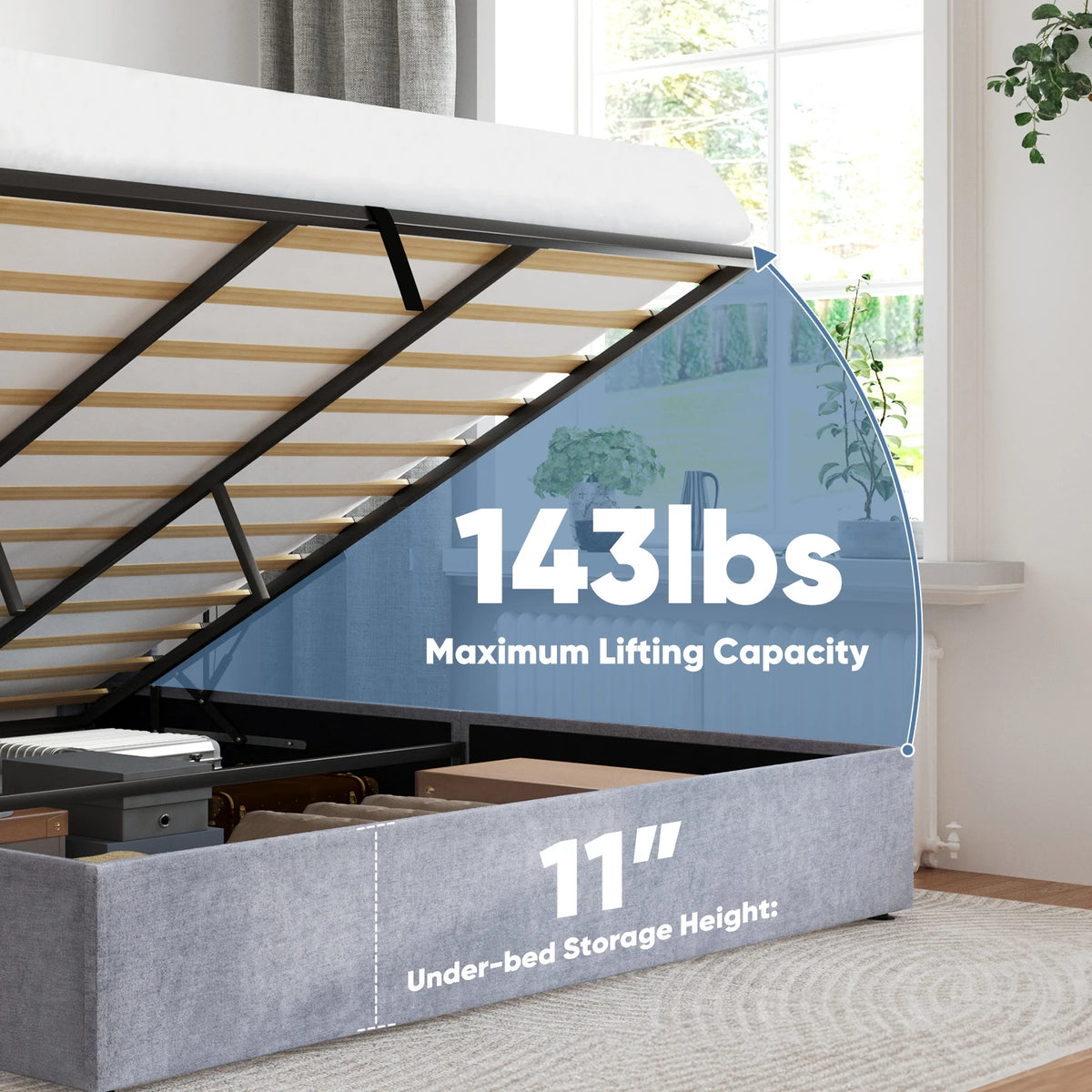 JHK Upholstered Lift Up Storage Bed Frame With Wingback Headboard