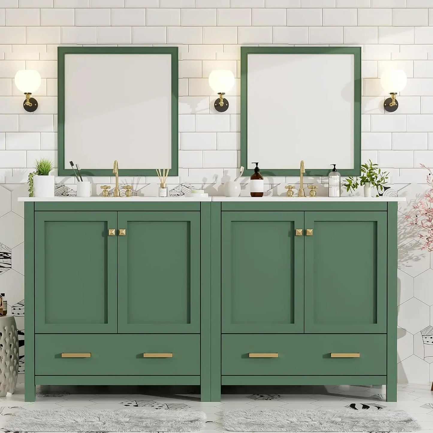 60 Inch Solid Wood Bathroom Vanity with Double Sink and Storage Cabinets