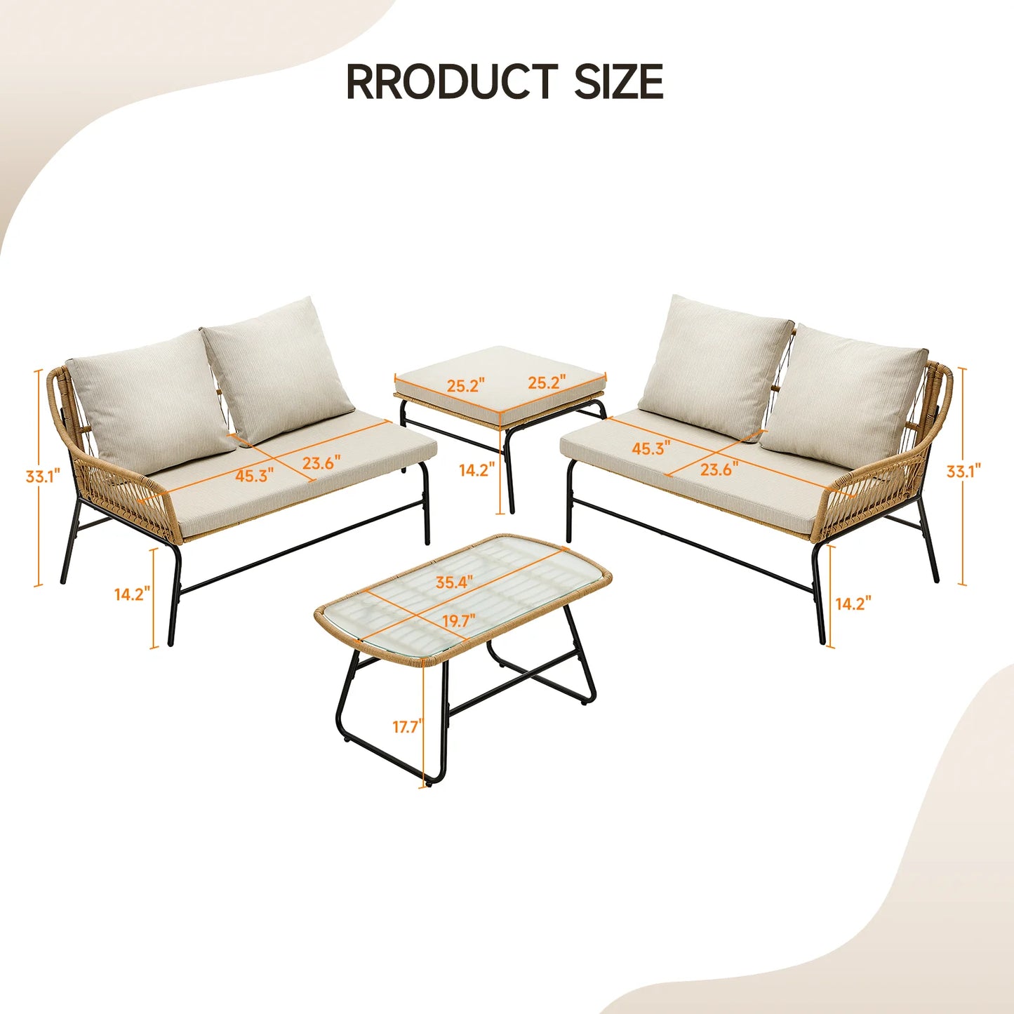 ONBRILL Outdoor Sectional Set Wicker Sofa Glass Coffee Table