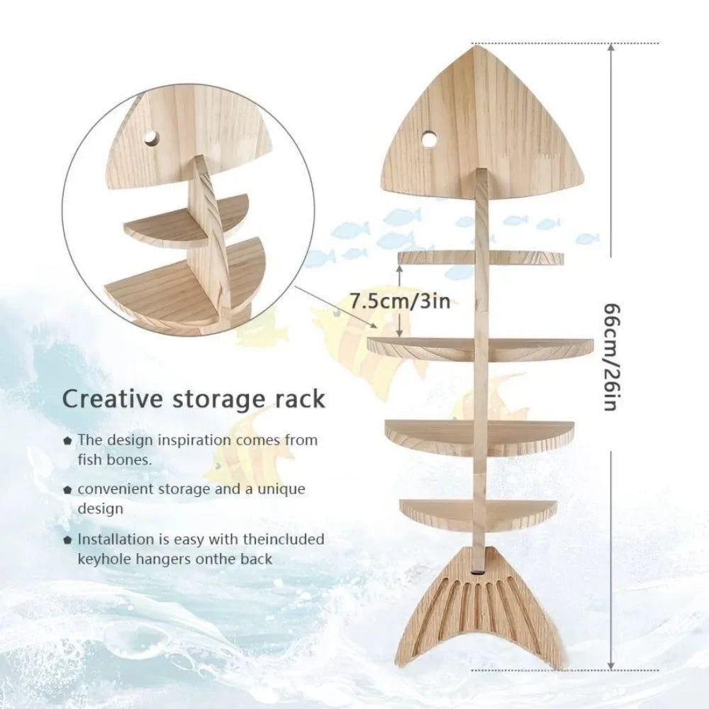 Wooden Fishbone Wall Shelf Storage Rack for Bathroom Decor