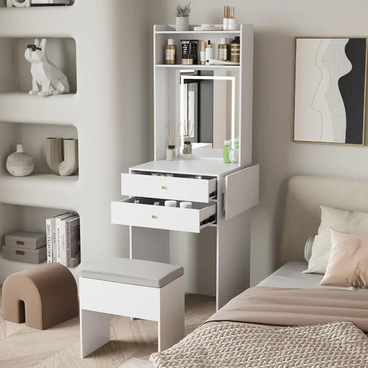 Small Vanity Desk Set with Lighted Mirror and Storage Chair for Small Spaces