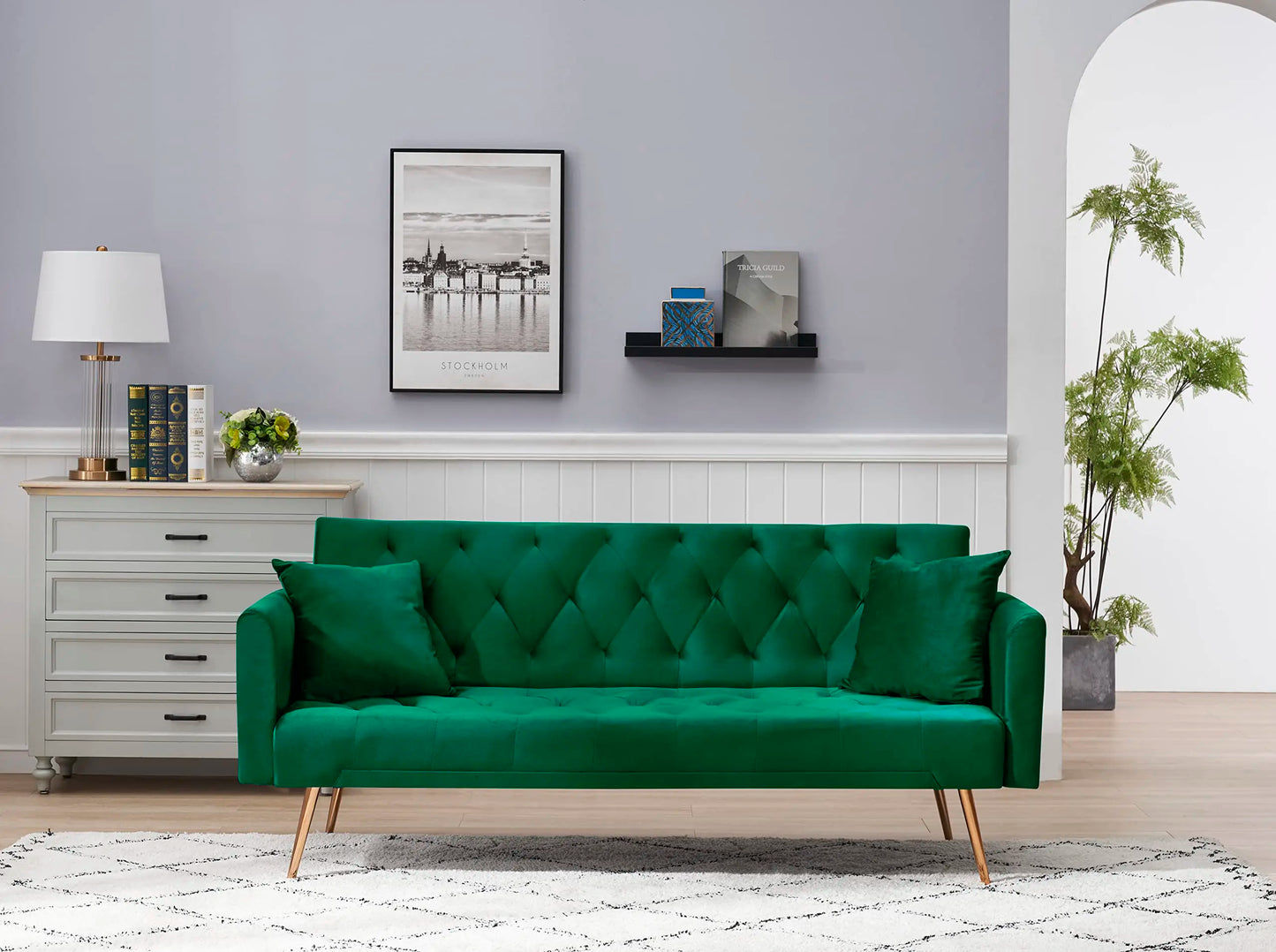 CN Velvet Tufted Convertible Sofa Bed With Metal Legs