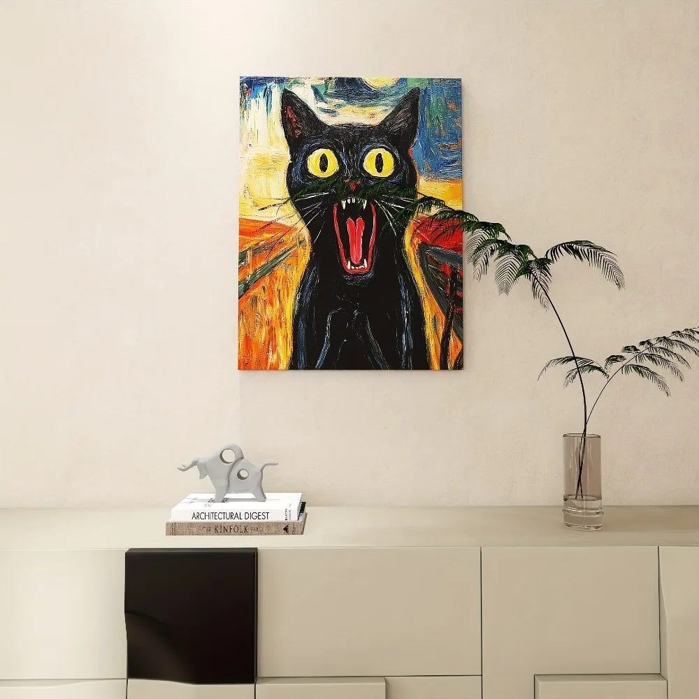 Vibrant Black Cat Wall Art With Thick Pine Frame Perfect For Interior Decor