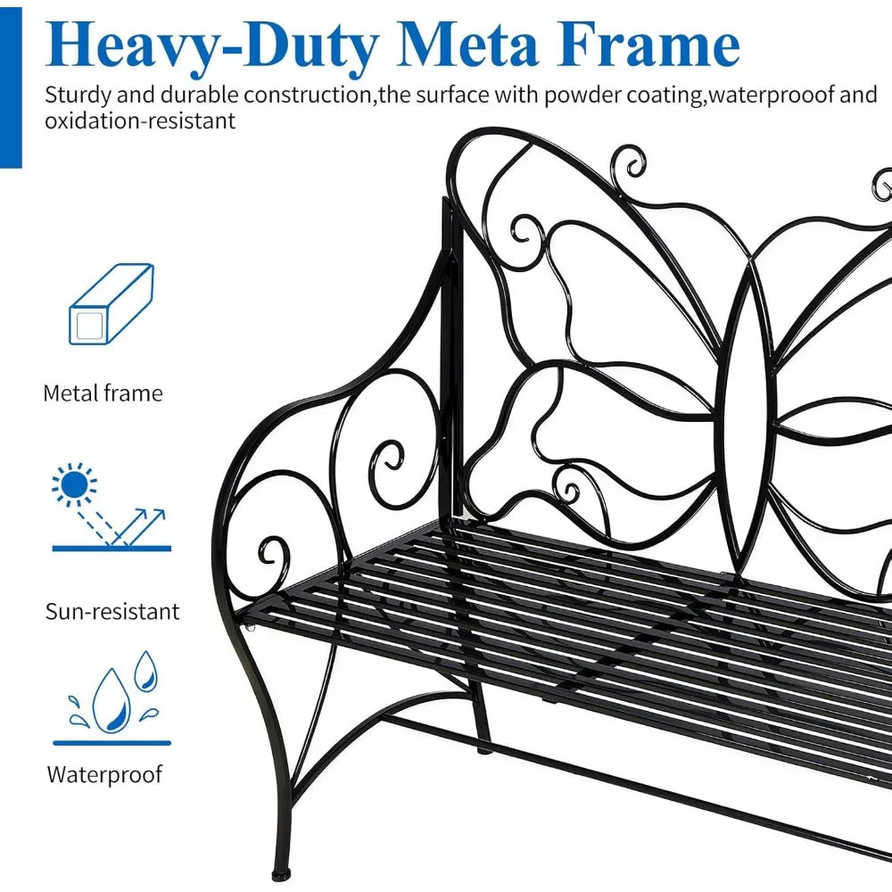 Outdoor Weatherproof Metal Garden Bench With Butterfly Backrest