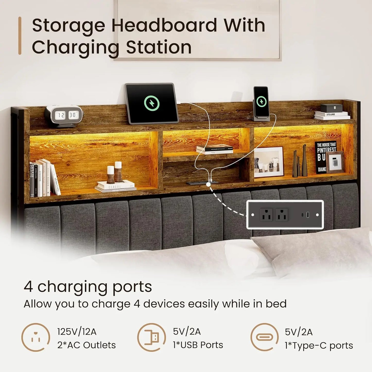 King Bed Frame With Six Drawers Linen Headboard USB