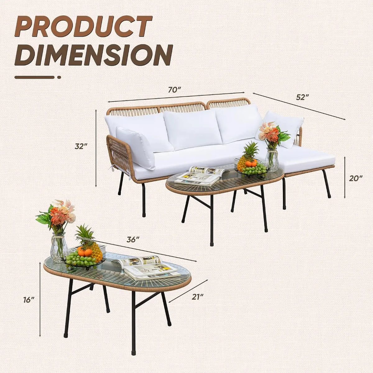 Luxury Metal Rattan Patio Sectional Sofa Furniture With Table