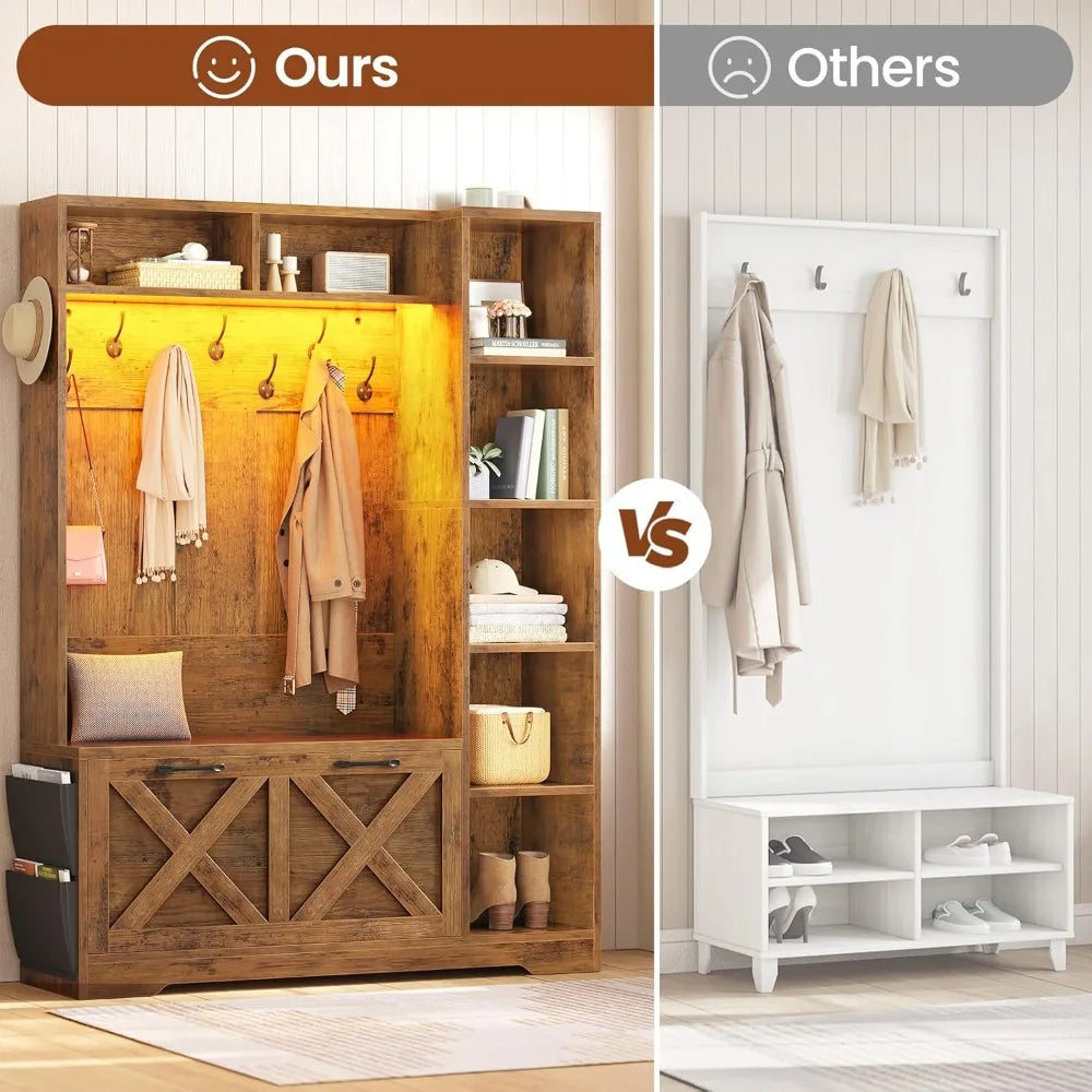 Farmhouse Hall Tree With Bench Shoe Storage LED Lights