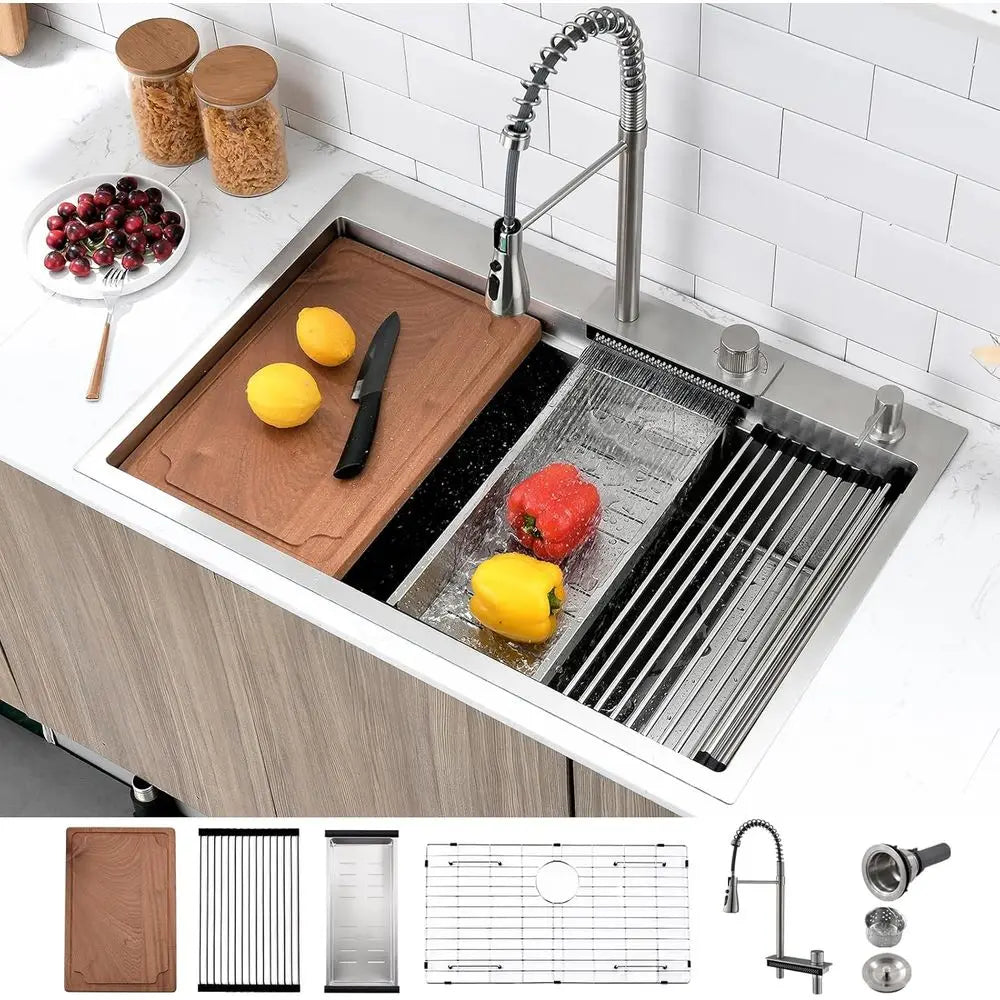Waterfall Stainless Steel Drop In Kitchen Sink With Faucet Workstation