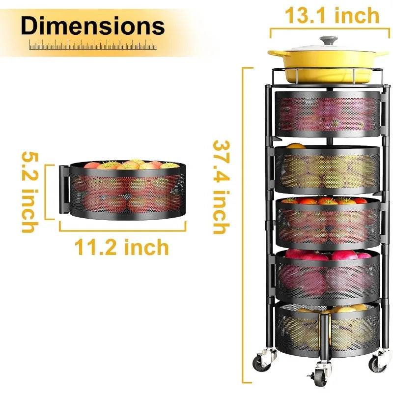 SNTD 5 Tier Rotating Storage Rack Cart with Metal Top Lid for Kitchen Organization