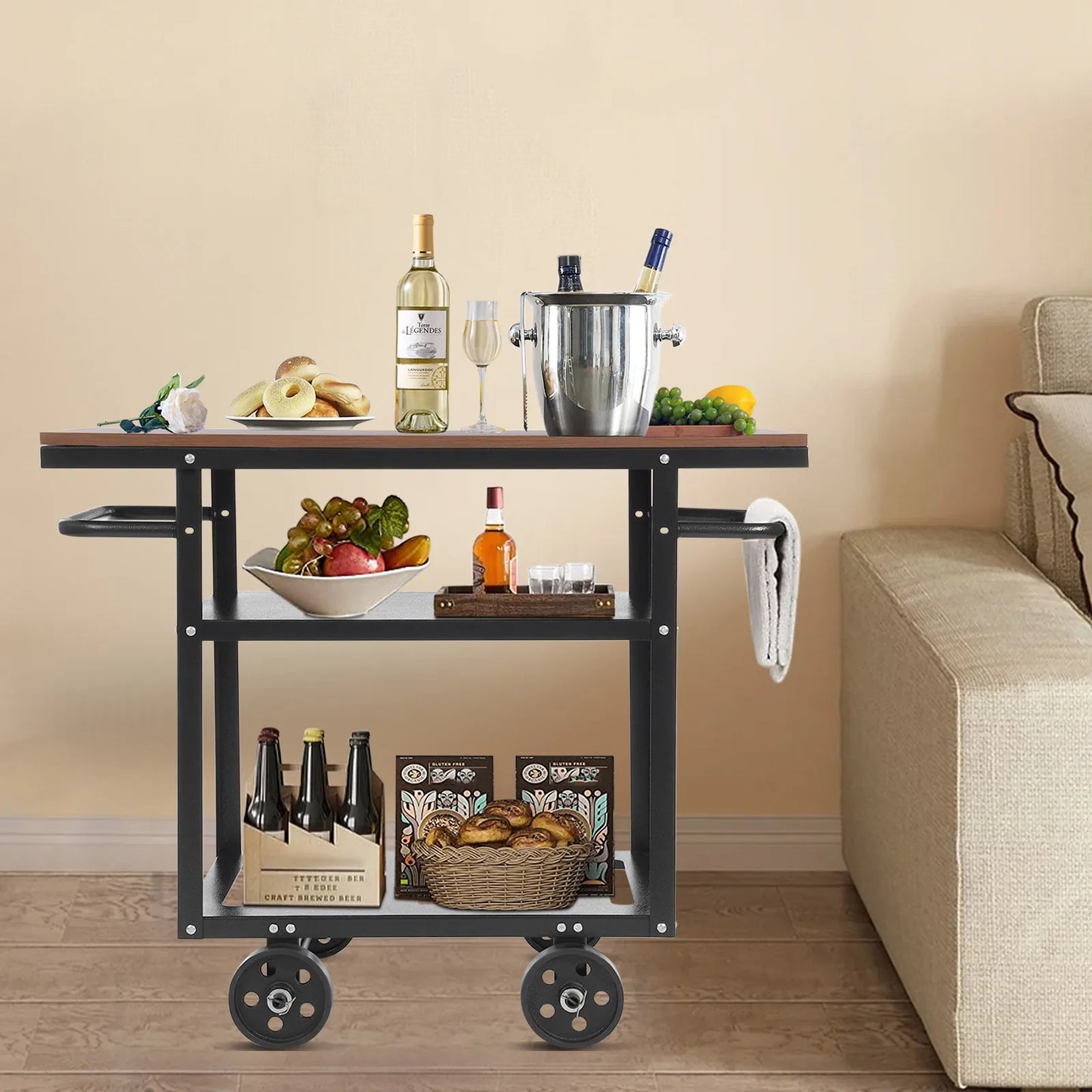 CNCEST Industrial Pipe Bar Cart 3-Tier Rolling Kitchen Cart