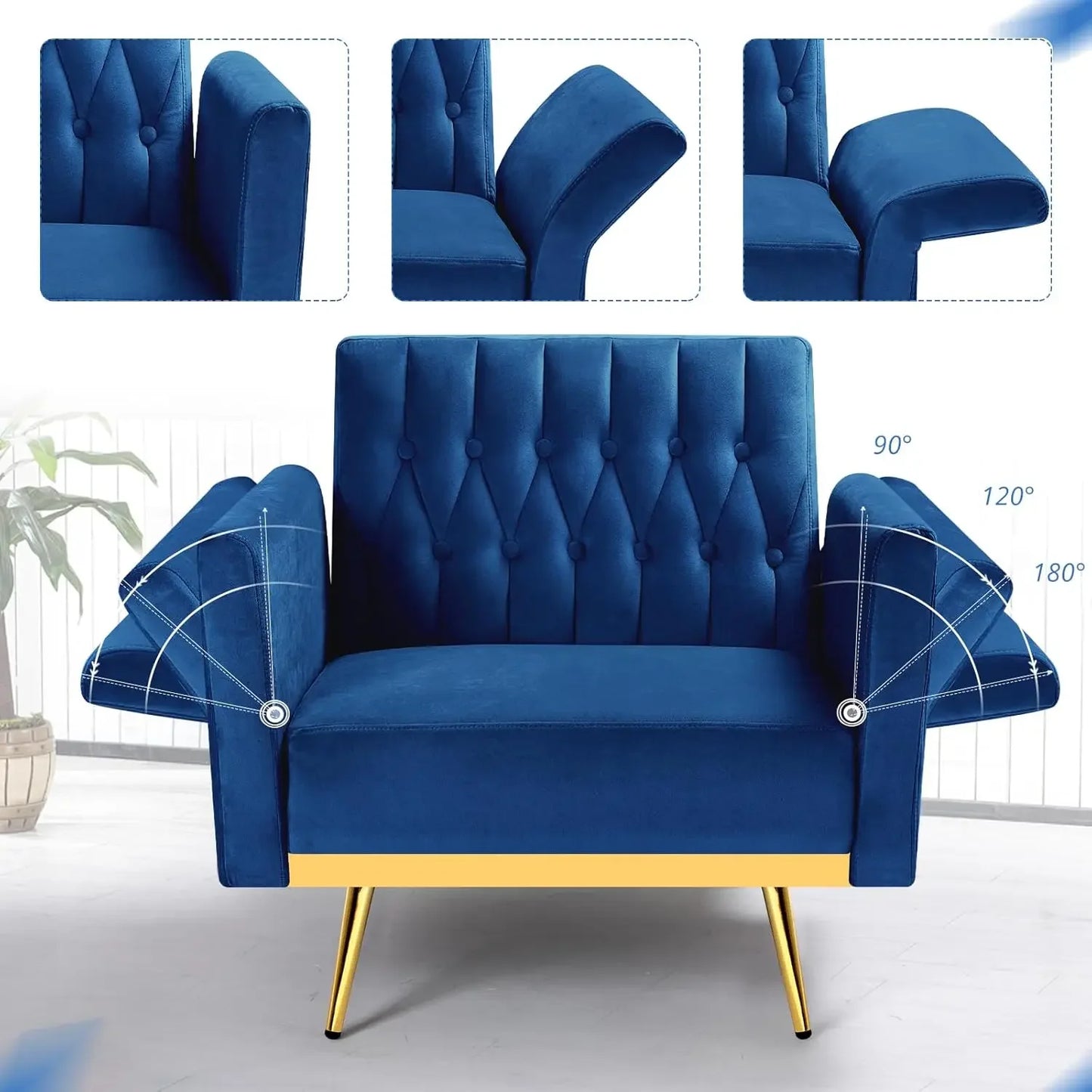 Color Velvet Accent Chair With Adjustable Armrests And Ottoman