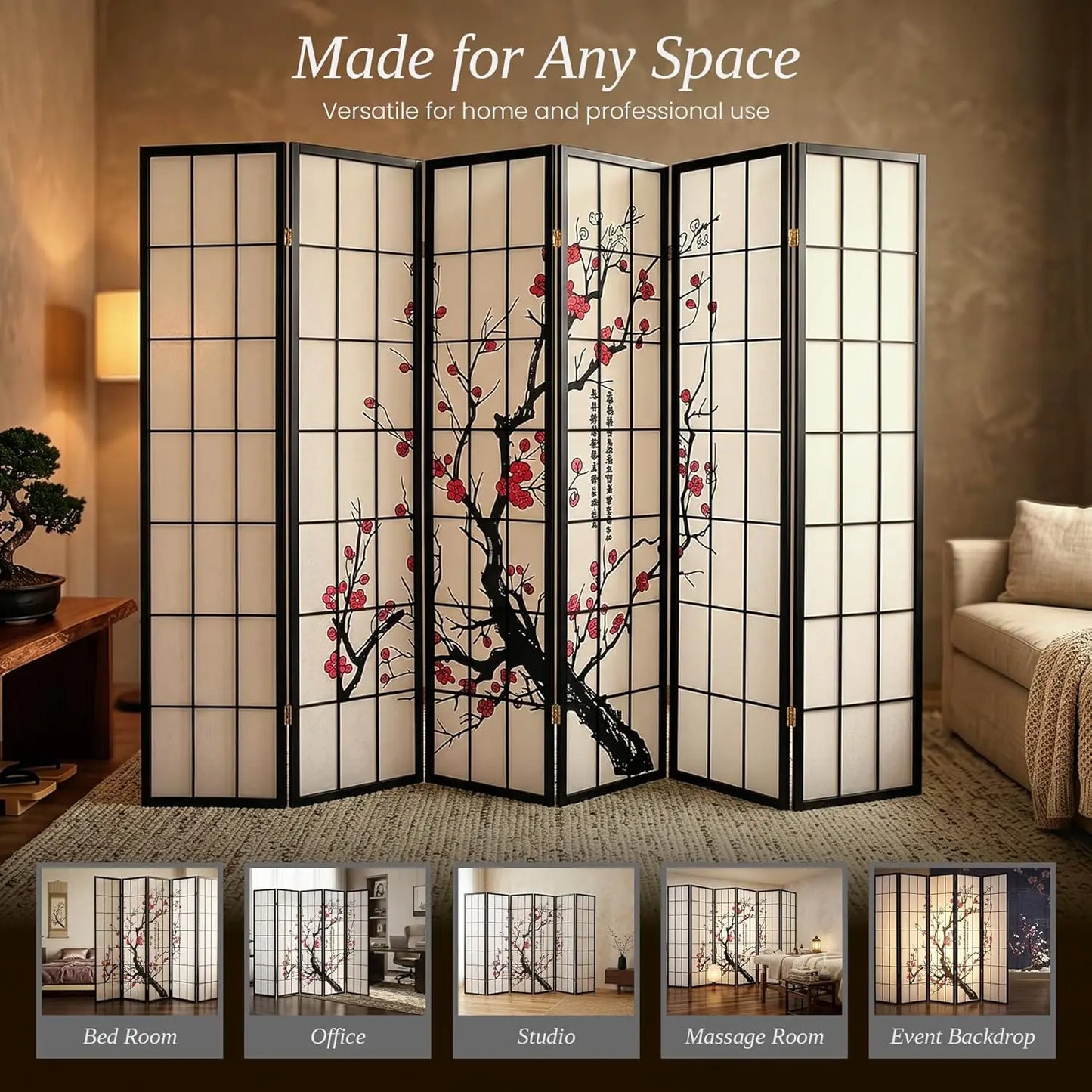 Authentic Japanese Shoji Style 6 Panel Folding Room Divider Privacy Screen