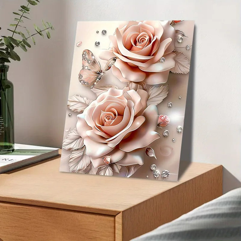 Dream Pink Rose Butterfly Diamond Canvas Wall Art for Home and Office Decor