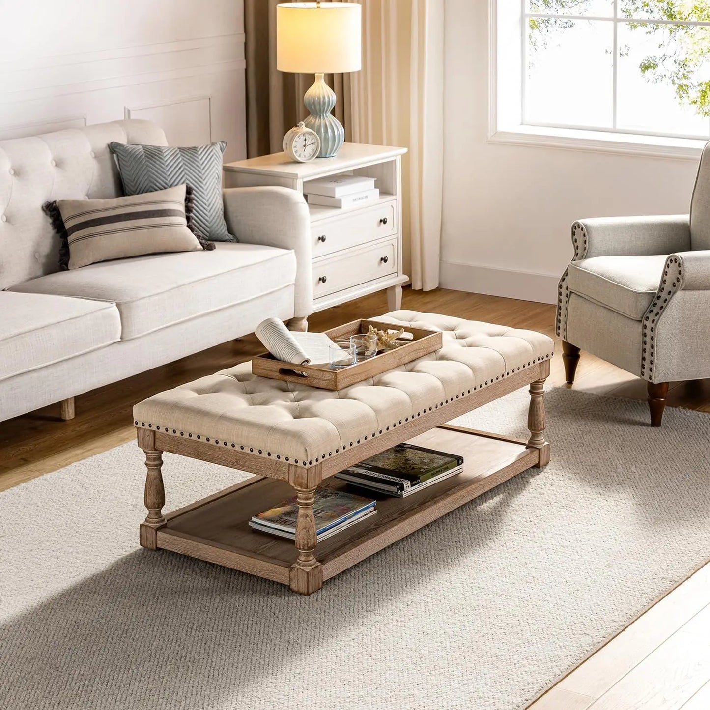 Rectangle Ottoman Coffee Table With Tray And Tufted Wood Storage Shelf