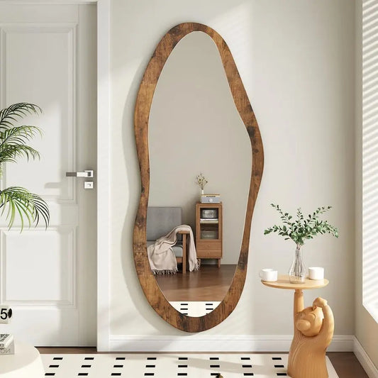 Wood Framed Vintage Irregular Wall Mirror For Bathroom